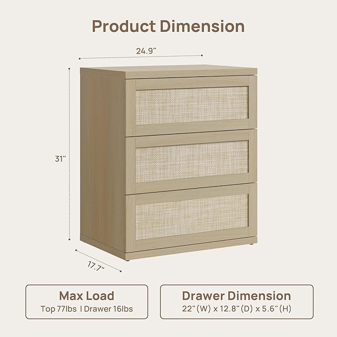 SICOTAS Dresser for Bedroom - 31" Tall Rattan Dresser with 3 Drawers Boho Dressers & Chests of Drawers Dressers for Bedroom Deep Bedside Table Clothes Closet Storage for Closet Hallway Entryway