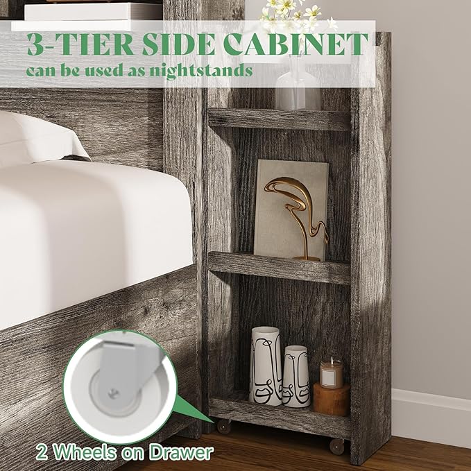 AMERLIFE Full Size Bed Frame with 4 Storage Drawers, LED Bed Frame with 49“ Tall Bookcase Headboard, Wood Platform Bed with Charging Station & 2 Slide Bedside Shelf, No Box Spring Needed/Rustic Grey