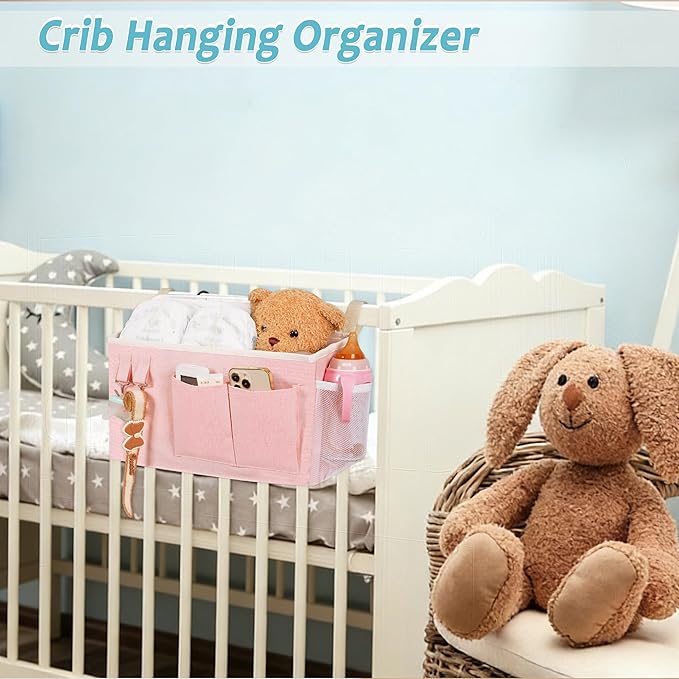 Loghot Bedside Caddy/Bedside Storage Bag Hanging Organizer for Bunk and Hospital Beds,Dorm Rooms Bed Rails,Can be Placed Glasses,Books,Mobile Phones,Keys (Light Pink)