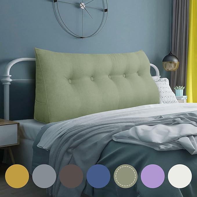 homecozy Wedge Headboard Pillow Dorm Room Reading Pillow Back Support for Sitting Up in Bed Bolster Lumbar Cushion Body Positioning Bedrest Cotton Linen 59in Grass Green Queen