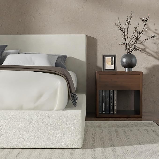 RECCI Cloud Boucle Upholstered Queen Bed Frame with Headboard, 5 Inch Foam Padded Platform, No Box Spring, Easy Assembly(Beige)