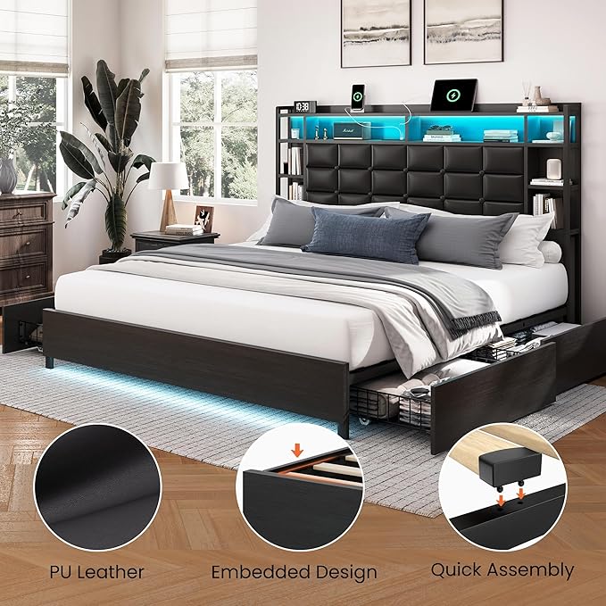 LARMACE Queen Size Bed Frame with 4 Storage Drawers and Bookcase Headboard, Faux Leather Upholstered, Wooden Platform Bed Frame with Charging Station and LED Lights, No Box Spring Needed, Black