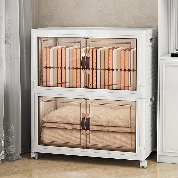 Storage Bins with Lids and Wheels, 330QT-165QT*2Tier Collapsible Bathroom Storage Cabinet with Clear Doors, Plastic Stackable Closet Organizers and Containers White