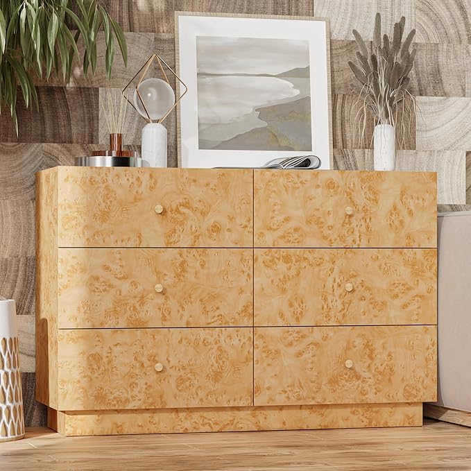 Modern 6 Drawer Dresser Set of 2 with Burl Finish, Wide Wood Chest of Drawers Clothes Organizer, Stylish Large Storage Cabinet for Bedroom or Entryway