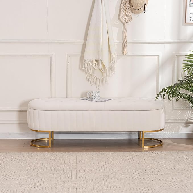 Velvet Storage Bench for Bedroom, Modern Tufted End of Bed Bench for King Size Bed, Upholstered Long Ottoman Bench with Gold Legs for Living Room/Entryway (Ivory White, 55" Wide)