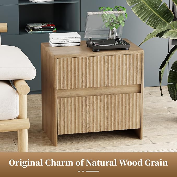 Fluted Nightstand, 23" Wood Bedside Table with 2 Storage Drawers, Oak Modern Night Stand for Bedroom, Office, Oak