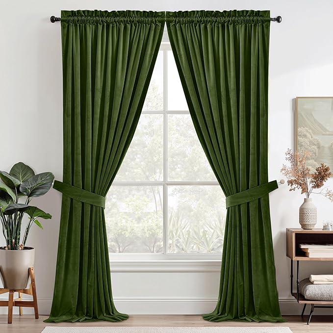 StangH Moss Green Curtains for Living Room Cozy Thermal Insulated Privacy Drapes for Bedroom, Soft Velvet Noise Reducing Curtains Christmas Decor, W52 x L100, 2 Panels