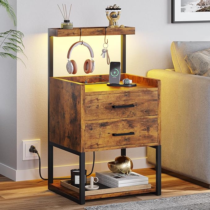 VIAGDO Nightstand with Charging Station and LED Lights, Rustic Brown Bedside Night Stands with 2 Drawers and Open Storage Shelves, Modern End Side Tables for Bedroom,Office