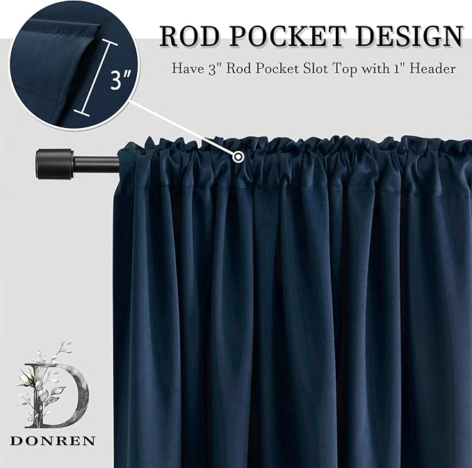 DONREN 48 Inch Curtains for Boy's Room - Blackout Thermal Insulated Window Drapes with Rod Pocket for Short Windows (2 Panels,52 x 48 Inch,Navy Blue)
