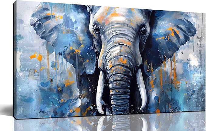 ENTANUB Elephant Wall Art for Lving room, Animal Canvas Wall Decor for Bedroom, Blue Picture Print Arwork, Size 20x40 Inches