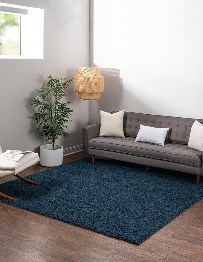 Unique Loom Solid Shag Collection Area Rug (3' 3" Square, Sapphire Blue/ Navy Blue)