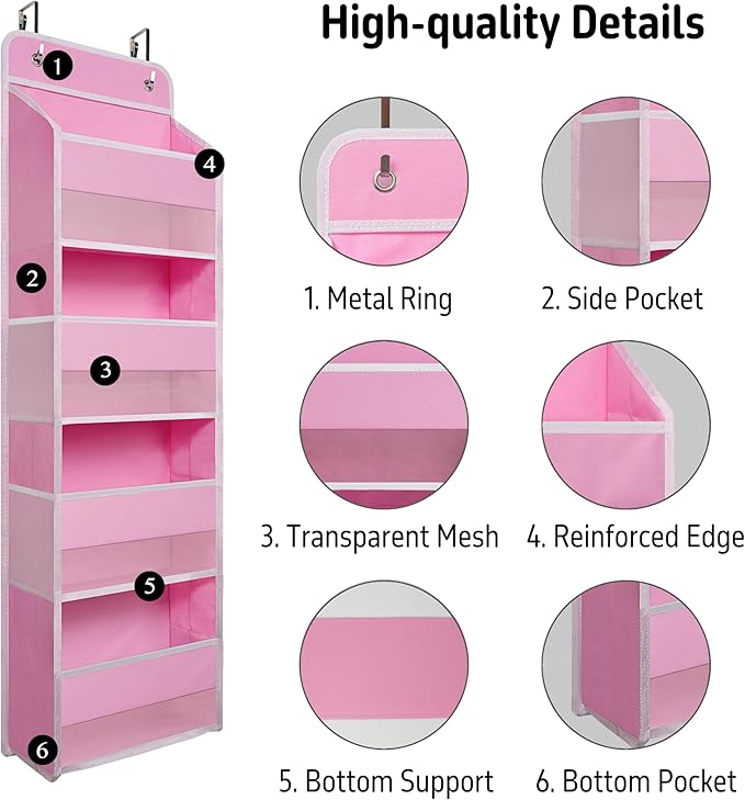TYMENSH Over The Door Hanging Organizer with 4 Large Pockets – Closet, Bathroom, Nursery, Bedroom, Dorm Storage for Toys, Cosmetics, and Baby Essentials, Pink