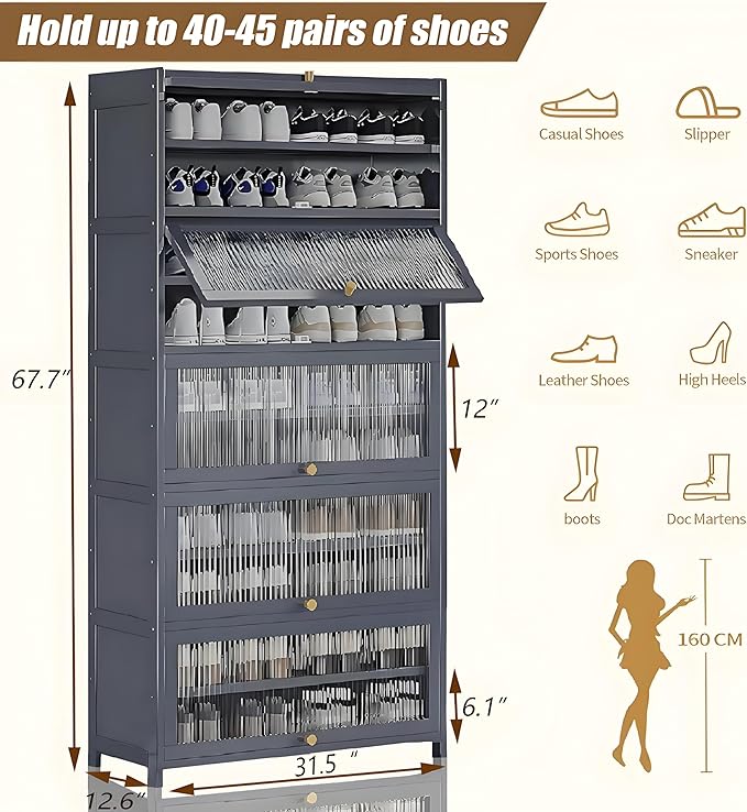 Tall Shoe Cabinet with Acrylic Doors, 10-Tier Large Capacity Bamboo Shoe Cabinet, 40-45 Pairs Freestanding Shoe Rack & Shoe Organizer for Closet Entrance, Hallway, Living Room, Bedroom