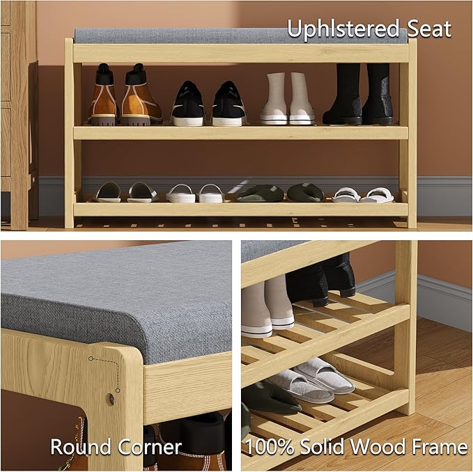 Shoe Bench Entryway, 100% Solid Solid Wood Shoe Rack Bench with Storage and Cushion Padded Seat, 3-Tier Shoe Organizer for Hallway Living Room, Mudrooms, Natural