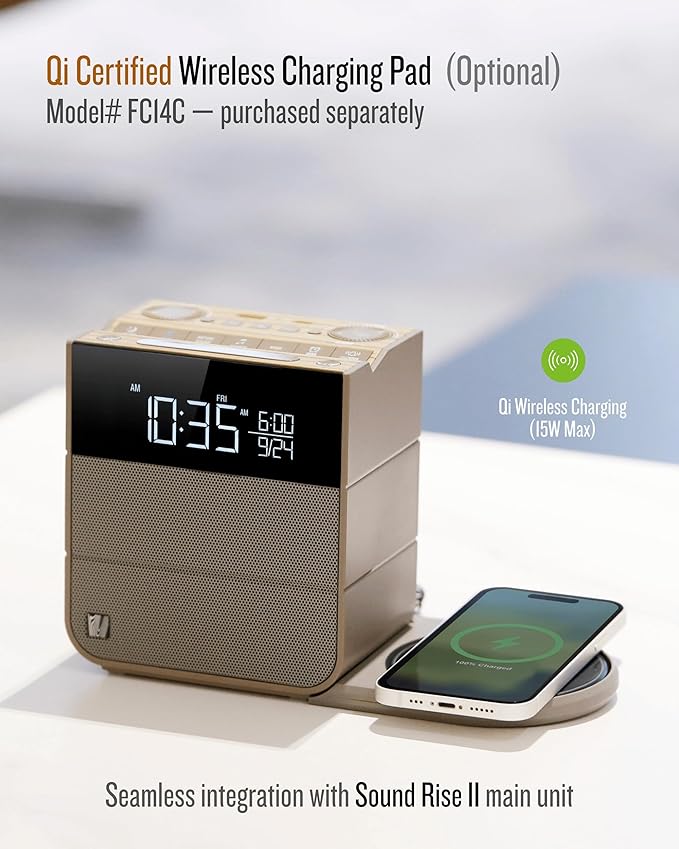 Soundfreaq Sound Rise II, SFQ-16: Bedside Alarm Clock Radio & Bluetooth Speaker, with Large Display Screen, FM Radio, Fast USB Charging, and Nature Sound (Wood Taupe)