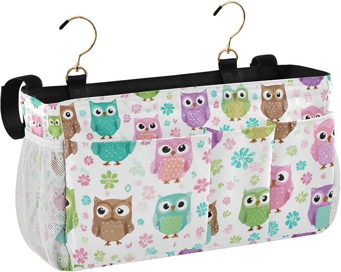 Bedside Caddy Hanging Bunk Bed Caddy Bed Organizer Hanging Pocket with 2 Hooks Bedside Storage Organizer Pocket Bag Holder Colorful Owls and Flowers