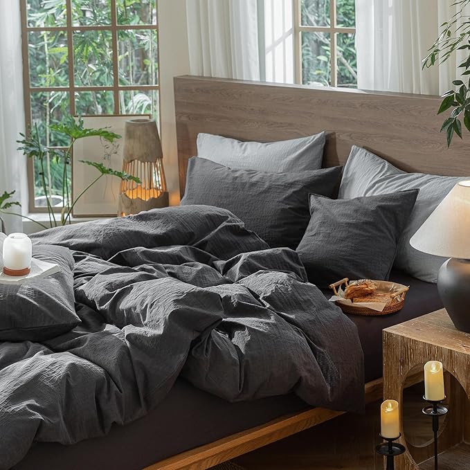 MooMee Wavy Striped Duvet Cover Set 100% Washed Cotton Linen Like Textured Breathable Durable Soft Comfy (Charocal Grey, Oversized Queen 98"x98")