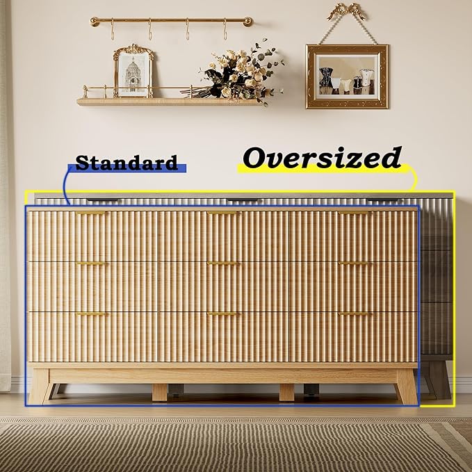 63" Long Dresser for Bedroom, 9-Drawer Fluted Dresser, Extra-Wide Wood Chest of Drawers with Smooth Metal Slides, Stable Base, Modern Clothes Storage Cabinet for Living Room, Hallway, Nursery