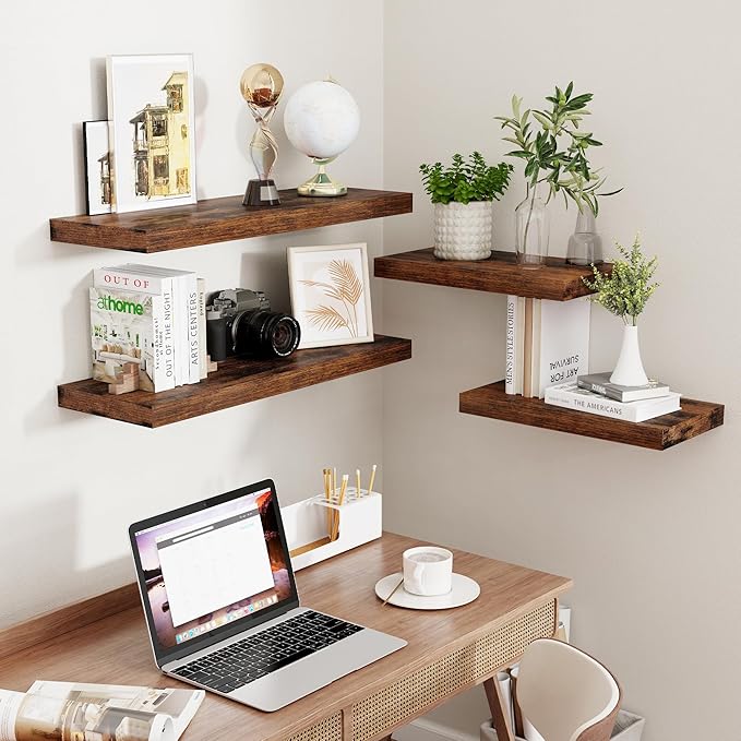 32 Inch Floating Shelves, Wall-Mounted Bathroom Shelves Set of 2, 9.3 Inch Deep Floating Shelf Bookshelf for Living Room, Bedroom, Heavy-Duty Deep Storage Shelf for Wall, Rustic Brown Color