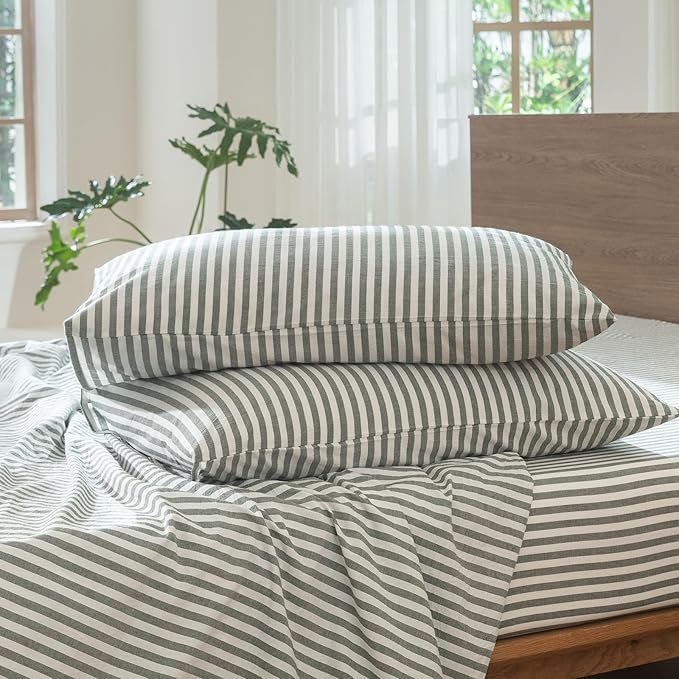 MooMee Striped Duvet Cover Set 100% Washed Cotton Linen Like Textured Breathable Durable Soft Comfy (Heathered Green Classic Stripes, Super King Plus 120"x120")