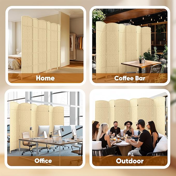 JOSTYLE 6ft. Tall Extra Wide , Folding Privacy Screens with Diamond Double-Weave and Freestanding Room Dividers (Ivory, 6-Panel)