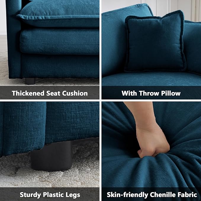 mikibama 41.4 Inch Single Seat Sofa, Chenille Comfy Deep Upholstered Couch Armchair with Toss Pillow for Living Room Bedroom Office Apartment, Blue