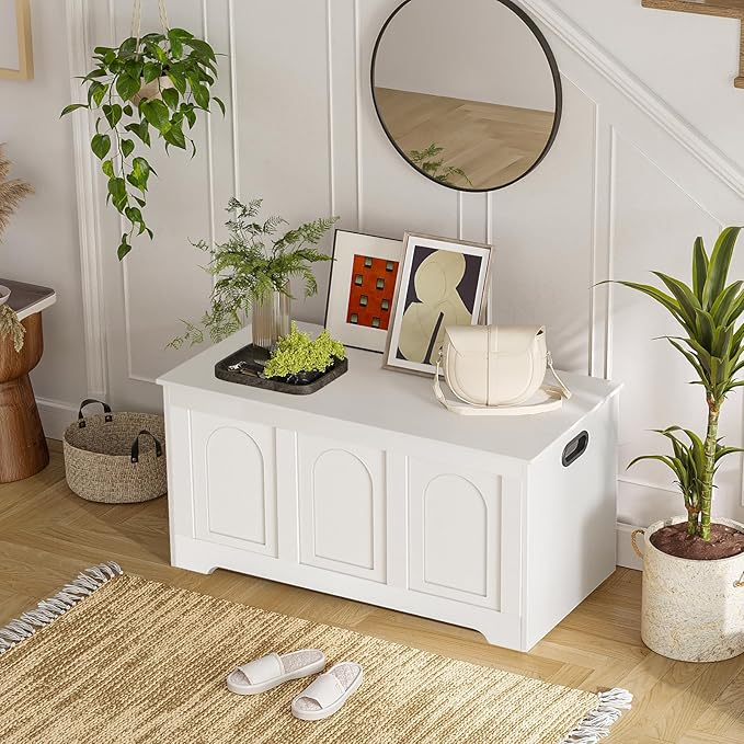 DINZI LVJ Storage Chest, 39.4” Wooden Toy Box with 2 Safety Hinges, Entryway Shoe Bench with Flip-Top, Sturdy Large Storage Trunk for Living Room, Bedroom, Playroom, Easy Assembly, White