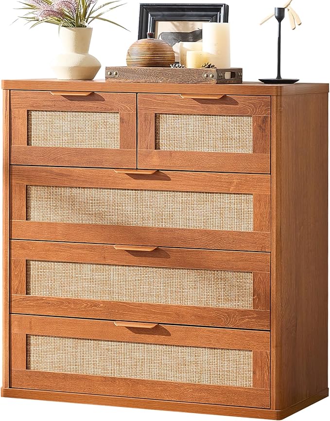 LEYAOYAO Rattan Dresser for Bedroom Set of 2, 33.5" Tall Chest of Drawers, Modern 5 Drawers Boho Dressers with Storage, Vintage Brown Dresser Wooden Closet Organizer for Living Room, Hallway
