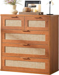 LEYAOYAO Rattan Dresser for Bedroom Set of 2, 33.5" Tall Chest of Drawers, Modern 5 Drawers Boho Dressers with Storage, Vintage Brown Dresser Wooden Closet Organizer for Living Room, Hallway