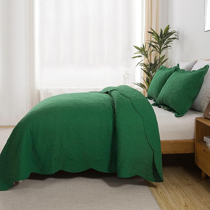 HoneiLife Queen Size Quilt Sets - 3 Piece Queen Quilt Bedding Set Microfiber Quilt Set Lightweight Bedspreads Reversible Coverlets Retro Bed Cover Floral Bedding Set All Season Quilts-Green