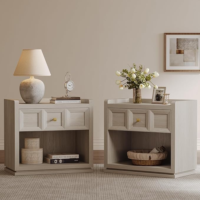 SICOTAS Night Stand Set 2, 26" Wide Nightstands with Drawer, Large Queen Size Nightstands Set of 2, Modern Bedside Table for Bedroom, Side End Table, Grey White Oak