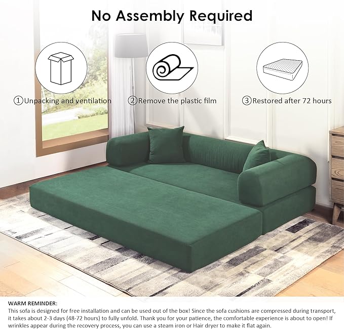 80" Convertible Sofa Bed, Corduroy Deep Seat Folding Pull Out Couch with Pillows, No Assembly Modern Boneless Couch Compression Sofa in Box, Floor Sofa with Storage Pocket for Living Room,Light Green