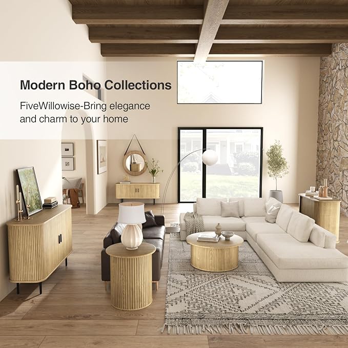 47''W Natural Storage Cabinet, Media Console, Tambour TV Stand; Sliding Door, Fluted Cabinet, Buffet Sideboard, Credenza, Table Stand for Living Room, Kitchen