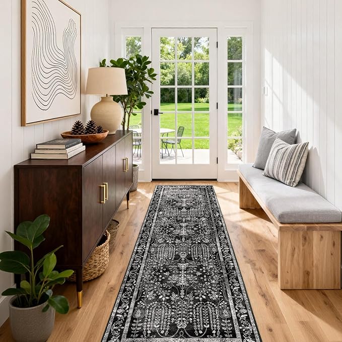 3x12 Long Hallway Runner Rug: Kitchen Rugs Non Slip Washable Low Pile Vintage Floral Runner with Rubber Backing Indoor Stain Resistant Carpet Runner for Bedroom Dining Living Room Black White