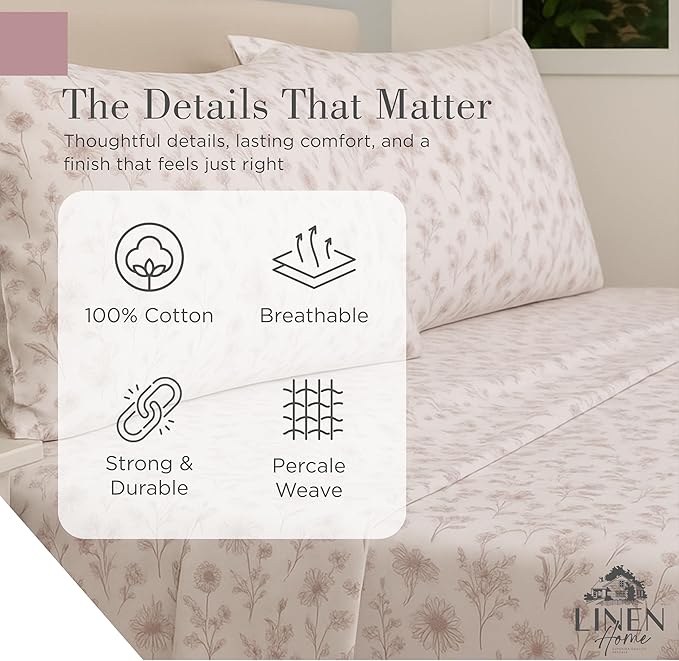 Linen Home 100% Cotton Printed Percale Sheets California King Size, Deep Pocket, 4 Pieces Set-1 Flat, 1 Deep Pocket Fitted Sheet and 2 Pillowcases, Crisp Cool Bed Linen, Mauve Botanical Floral
