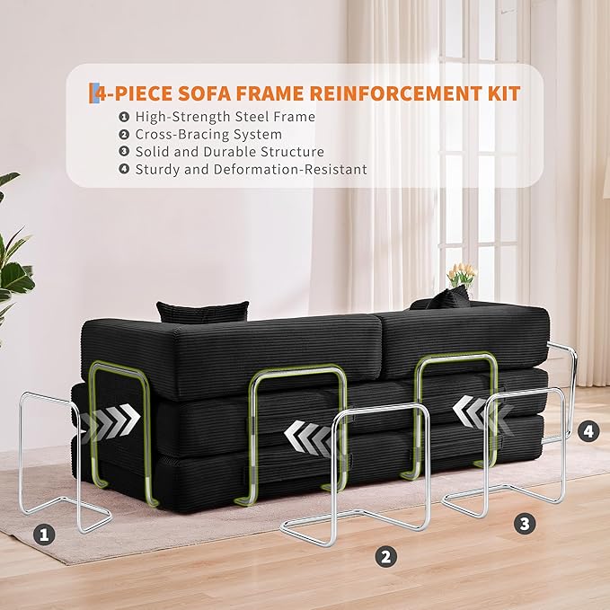 Garvee 5-in-1 Convertible Sofa Bed, 78.8" Modular Corduroy Sleeper with Sturdy Frame & No Assembly, Multi-Functional Futon for Small Space, Living Room & Guest Room (Black)