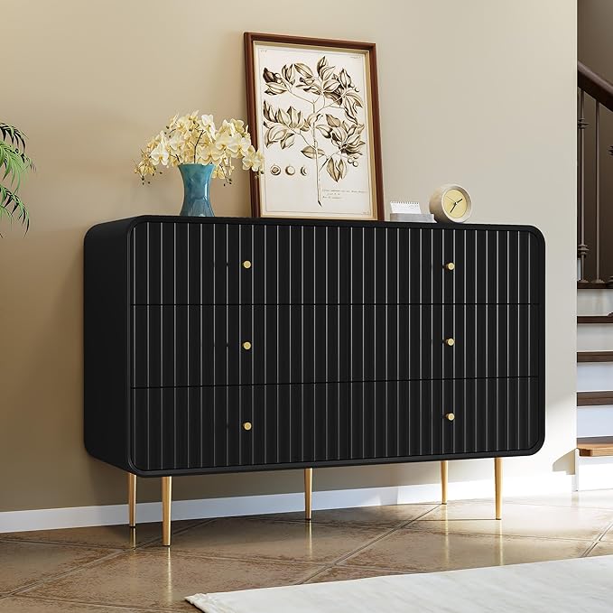 HLR Fluted 6 Drawers Dresser, 48'' Wide Modern Chest of Drawers with Gold Metal Handles,Dresser TV Stand, Wood Dressers & Chest of Drawers for Bedroom, Living Room, Hallway (Black)