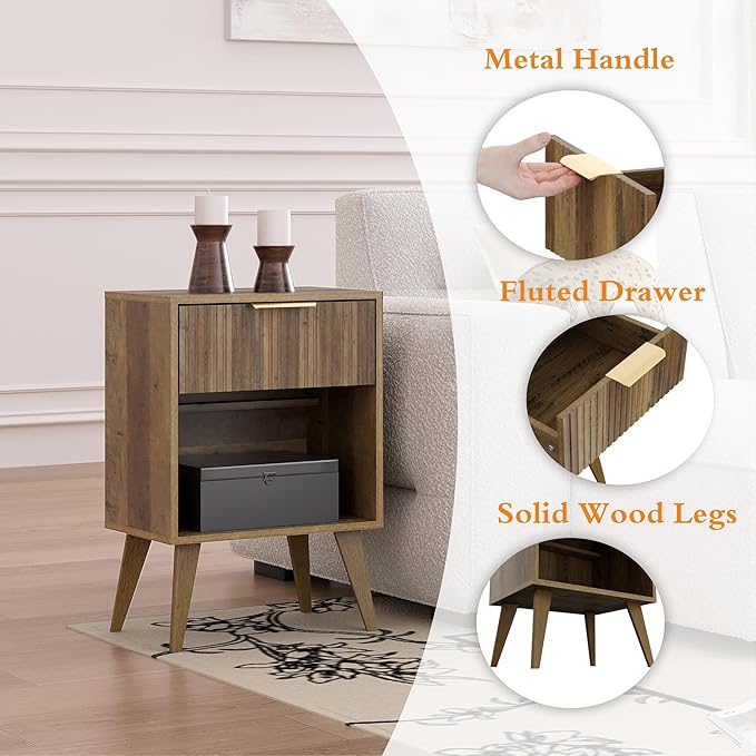 Fluted Night Stand with Opening Storage,Mid Century Bedside Table with Drawer,Wood Nightstand with Legs,End Table Side Table for Living Room,Bedroom,Caramel Oak 11.8"Dx15.7Wx 25.2"H CTG56BR