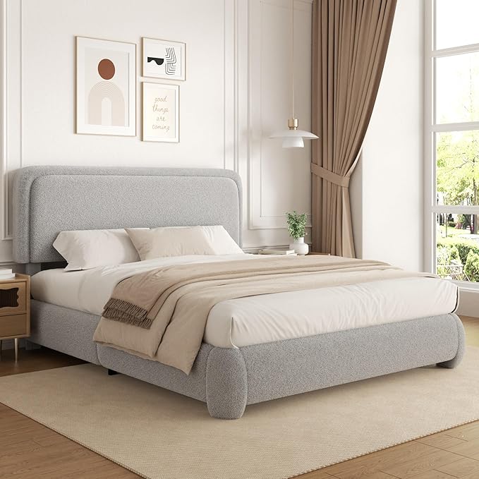 Full Size Platform Bed Frame with Headboard, Boucle Upholstered Desige, Anti-Collision Corners, Soft Rounded Corners, No Box Spring Required, Easy Assembly, Noise Free