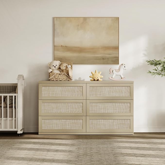 SICOTAS Dresser for Bedroom - 75" Wide 9 Drawer Dresser Rattan Dressers & Chests of Drawers Boho Drawers for Bedroom Bedside Table Clothes Long Closet Storage for Closet Hallway Entryway