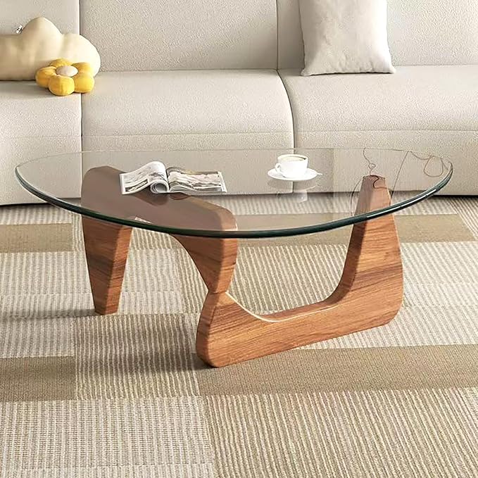 Glass Coffee Table, Mid Century Modern Coffee Table, Coffee Table for Living Room Center Table Suitable for Bedroom Living Room Reception Office Tables (Walnut/Transparent, Large)