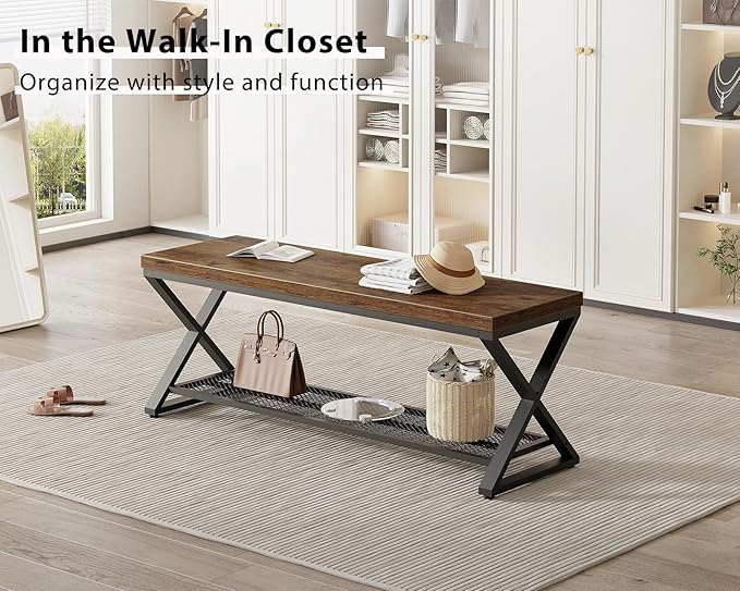 LVB Rustic Entryway Bench, 47” Shoe Bench with Storage for Entry Way, Industrial Shoe Rack Bench with Seating for Foyer Entrance, Farmhouse Wood Bench for Hallway Living Room Bedroom, Rustic Brown