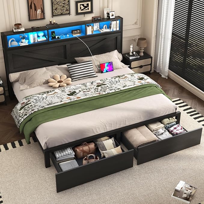Farmhouse King Bed Frame with Bookcase Storage Headboard, Charging Station, LED Light and 2 Storage Drawers, Noise Free, No Box Spring Needed, Black