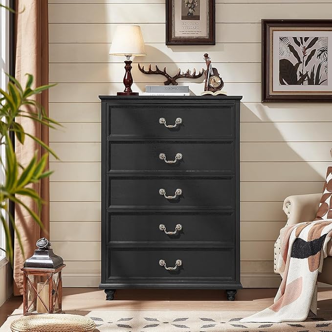 24" Wide Farmhouse Nightstand with Charging Station Set of 2, 45" Tall Rustic Chests of 5 Drawers w/ 4 Solid Wood Feet, Farmhouse Furniture Series for Living Room,Bedroom,Black