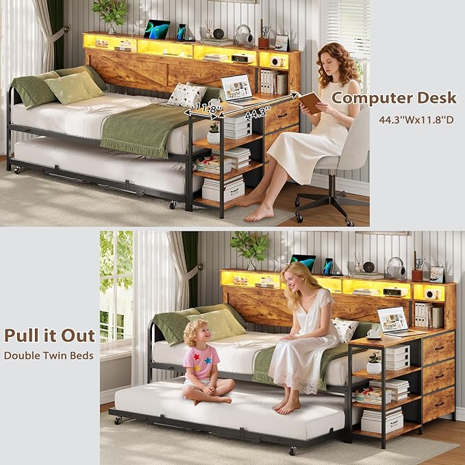 VIAGDO Daybed Twin with Pop Up Trundle, Farmhouse Wooden Day Bed Frame with 3 Storage Drawers and Shelves, Twin to King Daybed with Charging Station and LED Lights for Bedroom, Rustic Brown