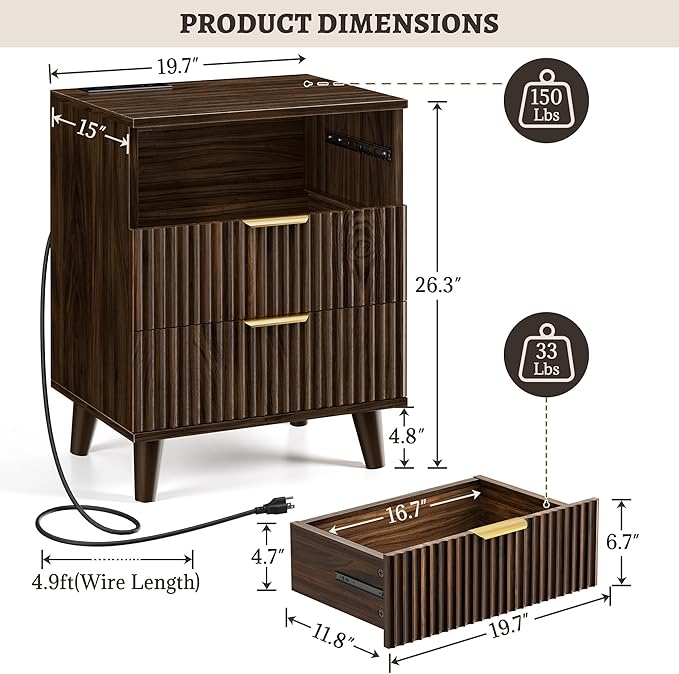 Fluted Nightstand with USB Charging Station, 3-Drawer Dresser Bedside Table with Soft Close Drawers & Large Storage, Modern Wood End Table for Bedroom