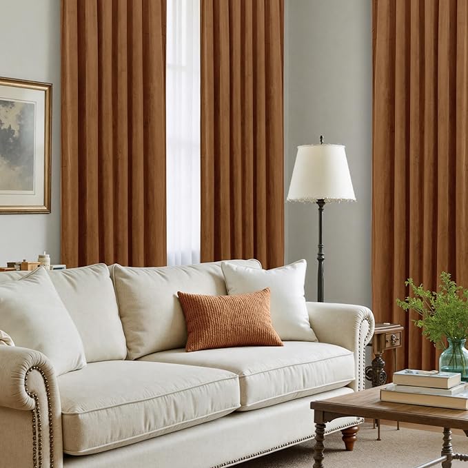 LAMIT Bronze Brown Velvet Curtains for Living Room 84 Inches Long, Luxury Thermal Blackout Drapes Mid Century Room Darkening Back Tab and Rod Pocket Panels for Bedroom, 2 Panels, 52 x 84 Inch
