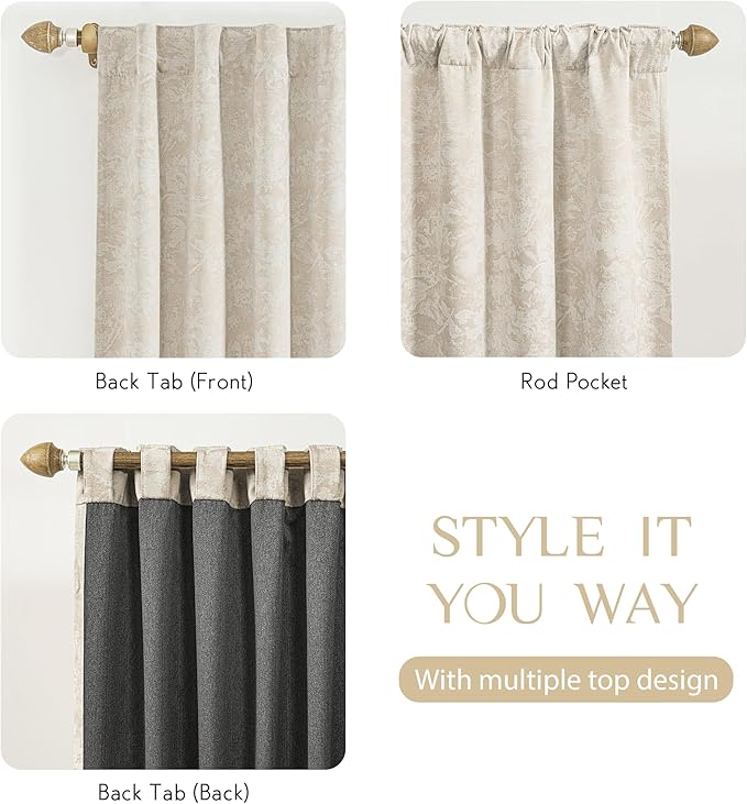 Beauoop Beige Floral Jacquard Blackout Curtains 72 Inches Long 2 Panels for Bedroom Living Room Chenille Flower Room Darkening Thermal Insulated Soundproof Rod Pocket Back Tab Window Drapes 52x72