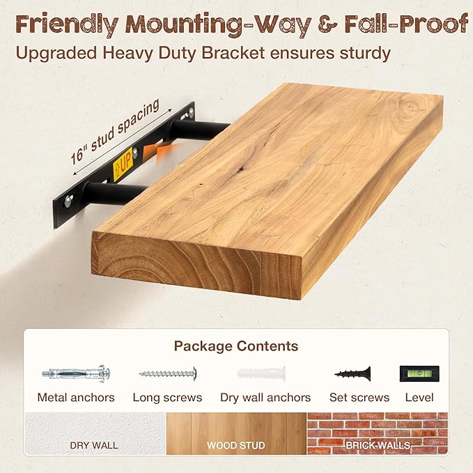 fuqing Floating Shelves for Wall, 40 inch Rustic Solid Elm Wood Floating Shelves, Wooden Wall Shelves with Invisible Heavy Duty Brackets for Living Room, Bedroom, Kitchen, Bathroom, 1 Pack, Natural