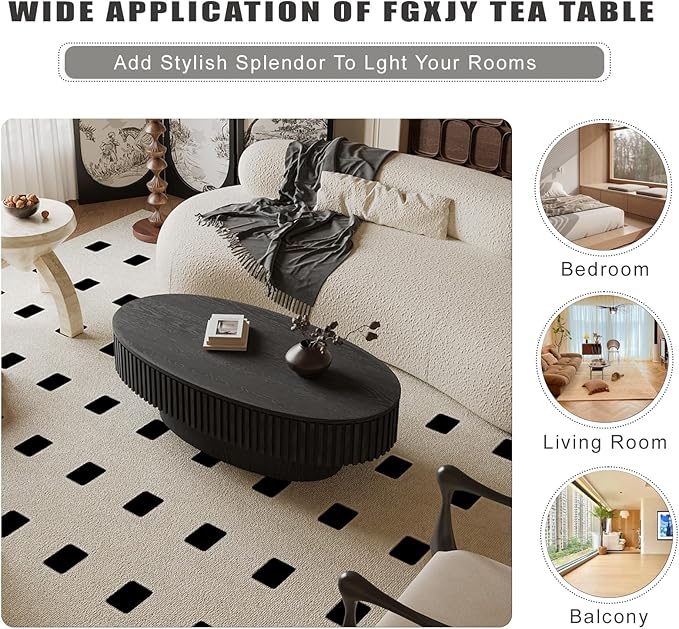 Oval Coffee Table with Storage, Modern Black Coffee Table with Solid Wood Veneered, Fluted Center Table Wood Drum Tea Table for Living Room Apartment, 47.2''L×23.6''W×14.2''H